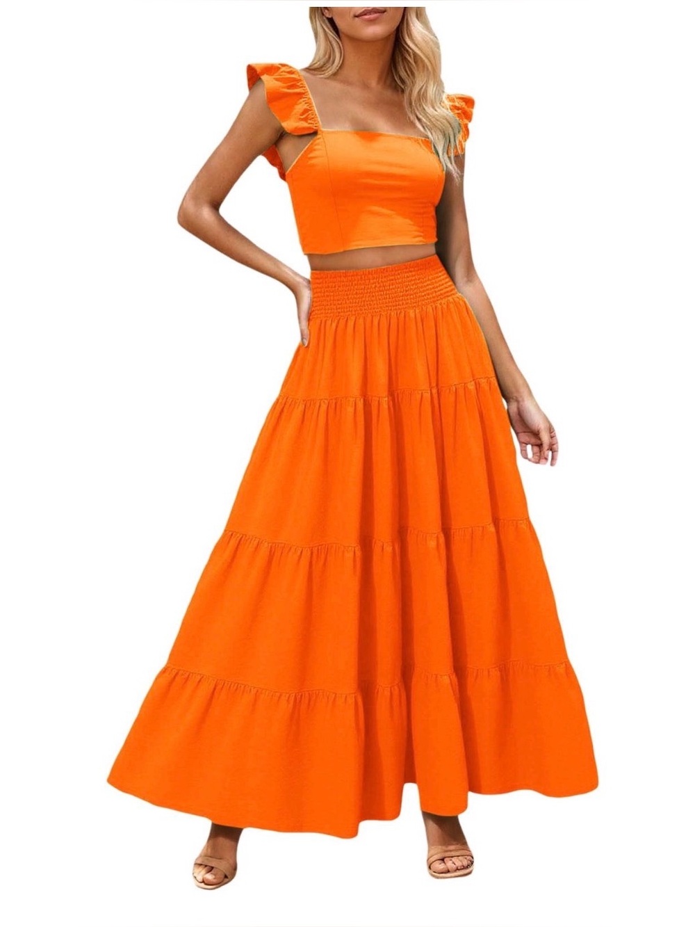 2 for $20: chic Me Orange 2-Piece Set ruffled crop top multi-layered maxi skirt